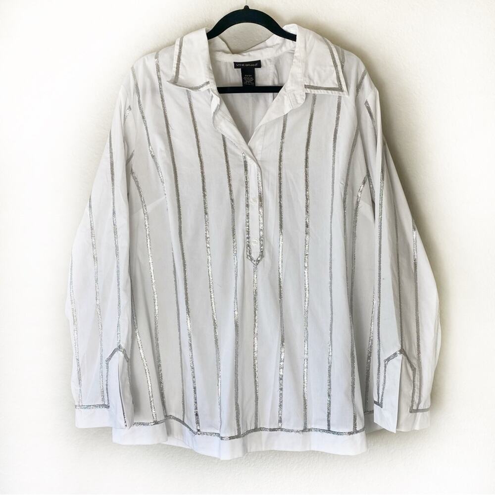 Lane Bryant White Silver Striped Half-Button Shirt Blouse Size 22/24